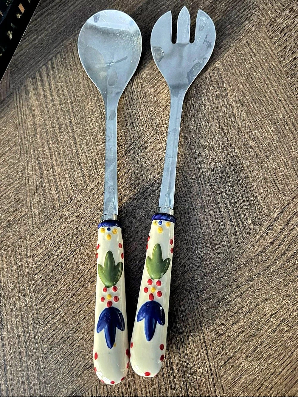 TEMPTATIONS 2-Piece Serving Spoon & Fork Set, Ceramic Floral Handles, SS